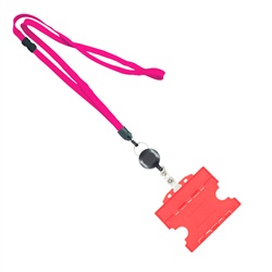 3/8 inch Hot pink  breakaway lanyards attached split ring with a retractable id reel and horizontal title bar double-sided ID card holder-blank