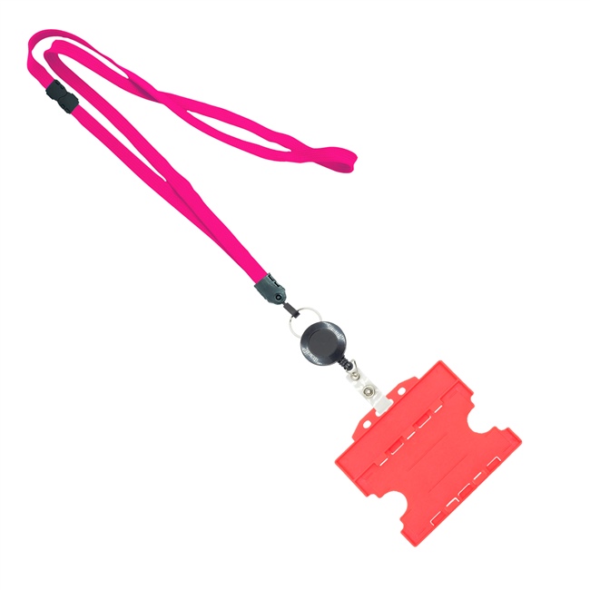 3/8 inch Hot pink  breakaway lanyards attached split ring with a retractable id reel and horizontal title bar double-sided ID card holder-blank-LNB3RFBHPK