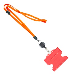 3/8 inch Neon orange  breakaway lanyards attached split ring with a retractable id reel and horizontal title bar double-sided ID card holder-blank