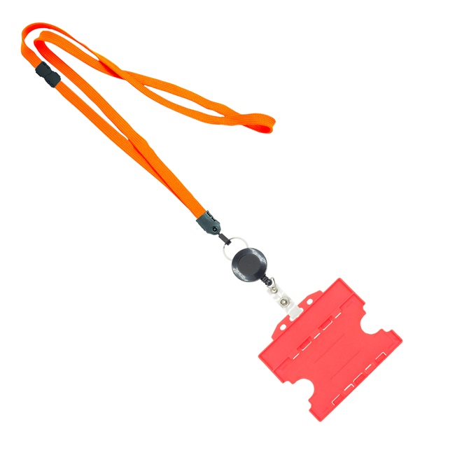 3/8 inch Neon orange  breakaway lanyards attached split ring with a retractable id reel and horizontal title bar double-sided ID card holder-blank-LNB3RFBNOG