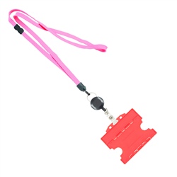 3/8 inch Pink  breakaway lanyards attached split ring with a retractable id reel and horizontal title bar double-sided ID card holder-blank-LNB3RFBPNK