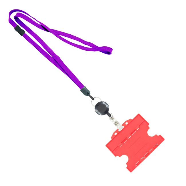 3/8 inch Purple  breakaway lanyards attached split ring with a retractable id reel and horizontal title bar double-sided ID card holder-blank-LNB3RFBPRP