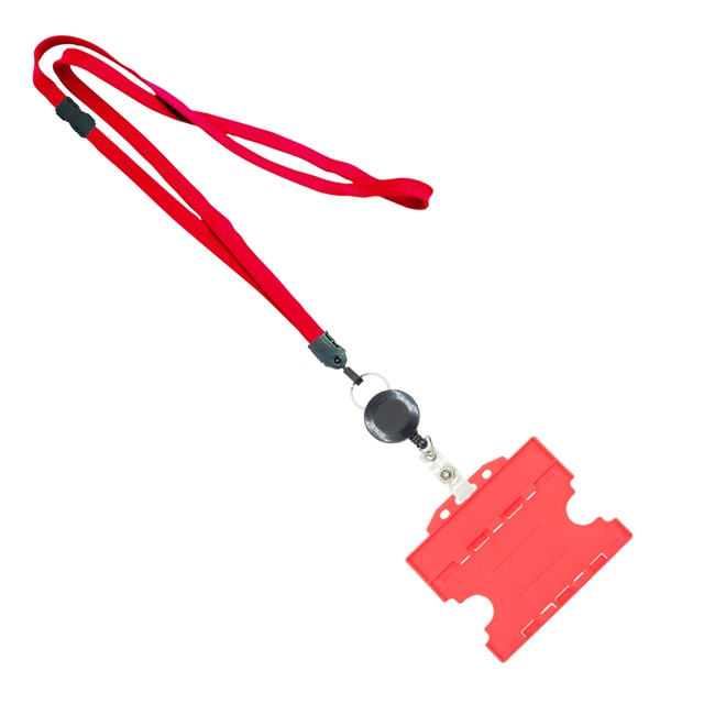 3/8 inch Red  breakaway lanyards attached split ring with a retractable id reel and horizontal title bar double-sided ID card holder-blank-LNB3RFBRED
