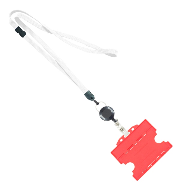 3/8 inch White  breakaway lanyards attached split ring with a retractable id reel and horizontal title bar double-sided ID card holder-blank-LNB3RFBWHT
