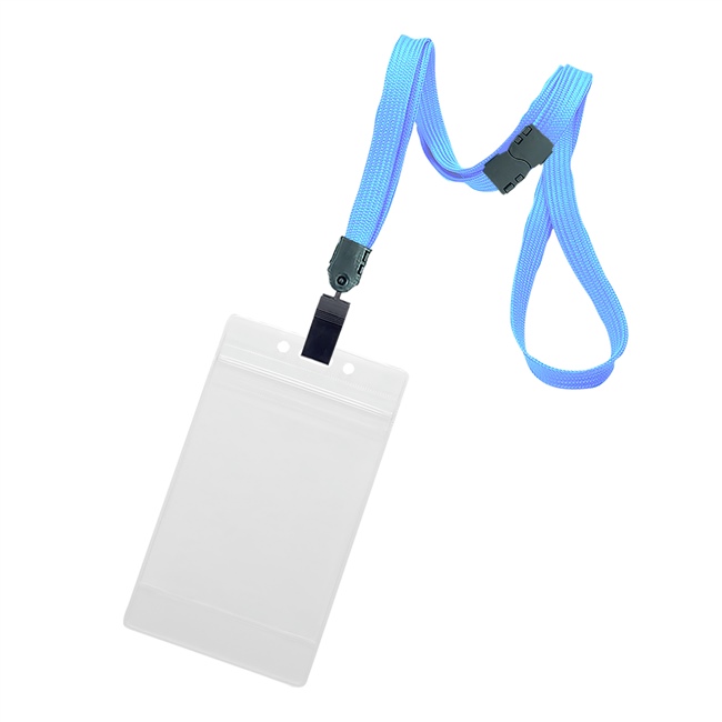 3/8 inch Baby blue title bar 3x4 ID holder lanyardwith rotating plastic clip attached vertical 3 x 4 zip-lock title bar badge holder-blank-LNB3V3BBBL