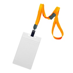 3/8 inch breakaway lanyard-Carrot orange polyester tubular strapwith rotating plastic clip attached vertical 3 x 4 zip-lock title bar badge holder