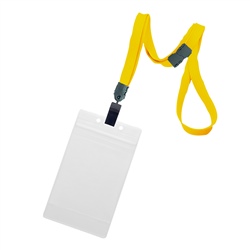 3/8 inch breakaway lanyard-Dandelion polyester tubular strapwith rotating plastic clip attached vertical 3 x 4 zip-lock title bar badge holder