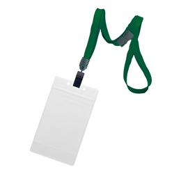 3/8 inch breakaway lanyard-Hunter green polyester tubular strapwith rotating plastic clip attached vertical 3 x 4 zip-lock title bar badge holder