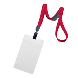3/8 inch breakaway lanyard-Red polyester tubular strapwith rotating plastic clip attached vertical 3 x 4 zip-lock title bar badge holder