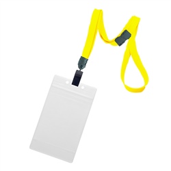 3/8 inch breakaway lanyard-Yellow polyester tubular strapwith rotating plastic clip attached vertical 3 x 4 zip-lock title bar badge holder
