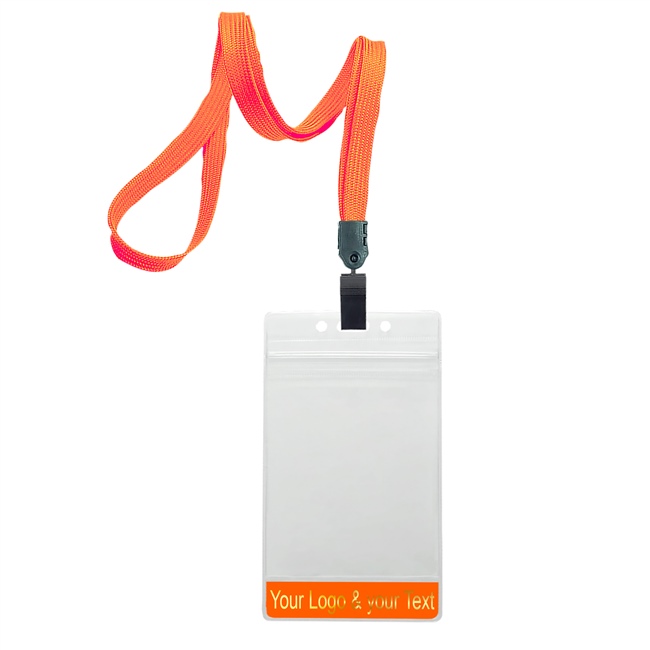 3/8 inch Neon orange title bar 3x4 ID holder lanyardwith rotating plastic clip attached vertical 3 x 4 zip-lock custom title bar badge holder-blank-LNB3V3NNOG