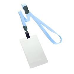 3/8 inch breakaway lanyard-Baby blue polyester tubular strapwith rotating plastic clip attached clear vertical  2 1/4 x 3 1/2 title bar badge holder