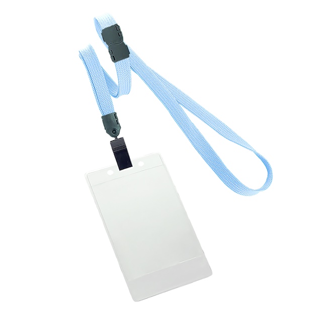 3/8 inch Baby blue title bar vertical ID holder lanyardwith rotating plastic clip attached clear vertical  2 1/4 x 3 1/2 title bar badge holder-blank-LNB3V4BBBL