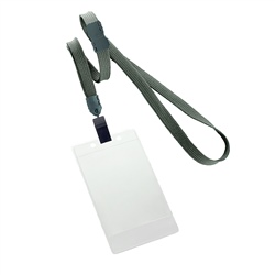 3/8 inch breakaway lanyard-Dark gray polyester tubular strapwith rotating plastic clip attached clear vertical  2 1/4 x 3 1/2 title bar badge holder