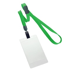 3/8 inch breakaway lanyard-Green polyester tubular strapwith rotating plastic clip attached clear vertical  2 1/4 x 3 1/2 title bar badge holder