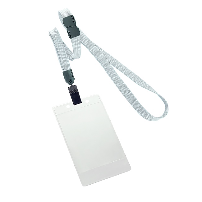 3/8 inch Gray title bar vertical ID holder lanyardwith rotating plastic clip attached clear vertical  2 1/4 x 3 1/2 title bar badge holder-blank-LNB3V4BGRY