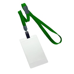 3/8 inch breakaway lanyard-Hunter green polyester tubular strapwith rotating plastic clip attached clear vertical  2 1/4 x 3 1/2 title bar badge holder