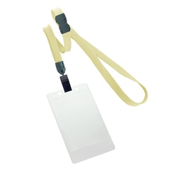 3/8 inch breakaway lanyard-Light gold polyester tubular strapwith rotating plastic clip attached clear vertical  2 1/4 x 3 1/2 title bar badge holder