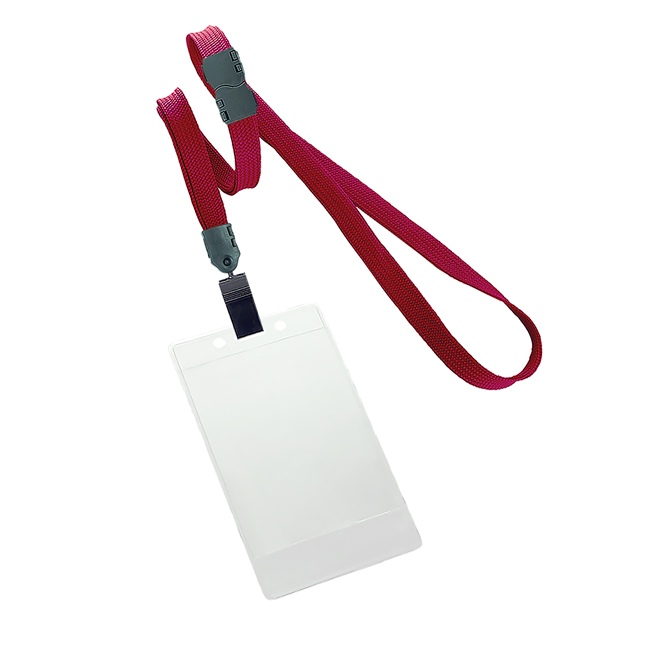 3/8 inch Maroon title bar vertical ID holder lanyardwith rotating plastic clip attached clear vertical  2 1/4 x 3 1/2 title bar badge holder-blank-LNB3V4BMRN
