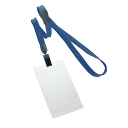3/8 inch breakaway lanyard-Navyblue polyester tubular strapwith rotating plastic clip attached clear vertical  2 1/4 x 3 1/2 title bar badge holder