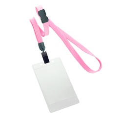 3/8 inch breakaway lanyard-Pink polyester tubular strapwith rotating plastic clip attached clear vertical  2 1/4 x 3 1/2 title bar badge holder