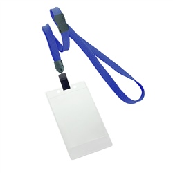 3/8 inch breakaway lanyard-Royalblue polyester tubular strapwith rotating plastic clip attached clear vertical  2 1/4 x 3 1/2 title bar badge holder
