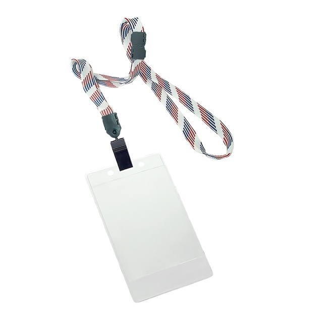 3/8 inch Patriotic pattern title bar vertical ID holder lanyardwith rotating plastic clip attached clear vertical  2 1/4 x 3 1/2 title bar badge holder-blank-LNB3V4BRBW