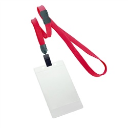 3/8 inch breakaway lanyard-Red polyester tubular strapwith rotating plastic clip attached clear vertical  2 1/4 x 3 1/2 title bar badge holder