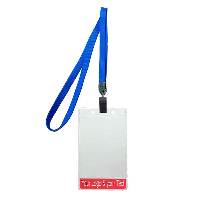 3/8 inch Title bar vertical ID holder  blue lanyardwith rotating plastic clip attached clear vertical  2 1/4 x 3 1/2 custom title bar badge holder-blank-LNB3V4NBLU
