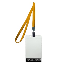 3/8 inch non-metal lanyard-Carrot orange polyester tubular strapwith rotating plastic clip attached clear vertical  2 1/4 x 3 1/2 custom title bar badge holder