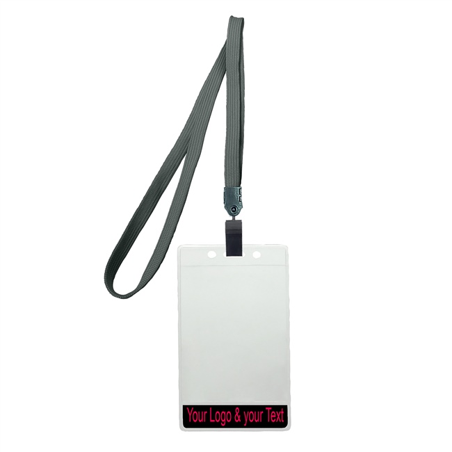 3/8 inch Title bar vertical ID holder  dark gray lanyardwith rotating plastic clip attached clear vertical  2 1/4 x 3 1/2 custom title bar badge holder-blank-LNB3V4NDGY