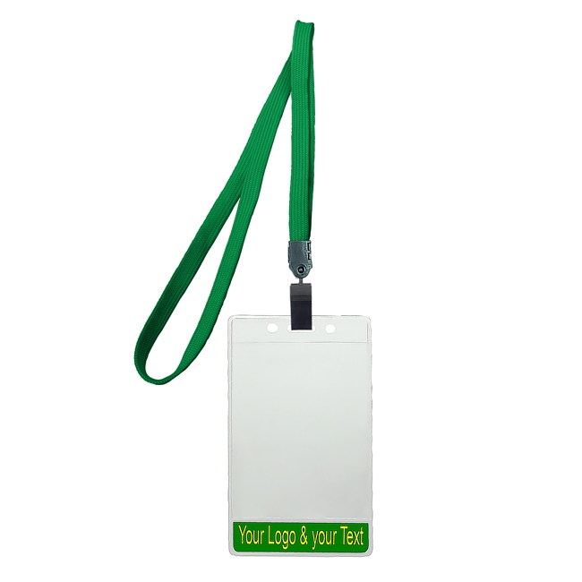 3/8 inch Title bar vertical ID holder  green lanyardwith rotating plastic clip attached clear vertical  2 1/4 x 3 1/2 custom title bar badge holder-blank-LNB3V4NGRN
