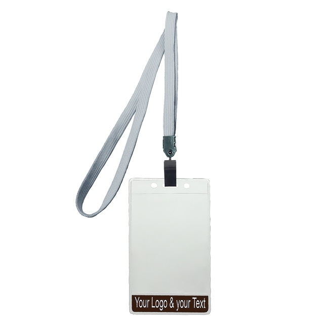 3/8 inch Title bar vertical ID holder  gray lanyardwith rotating plastic clip attached clear vertical  2 1/4 x 3 1/2 custom title bar badge holder-blank-LNB3V4NGRY