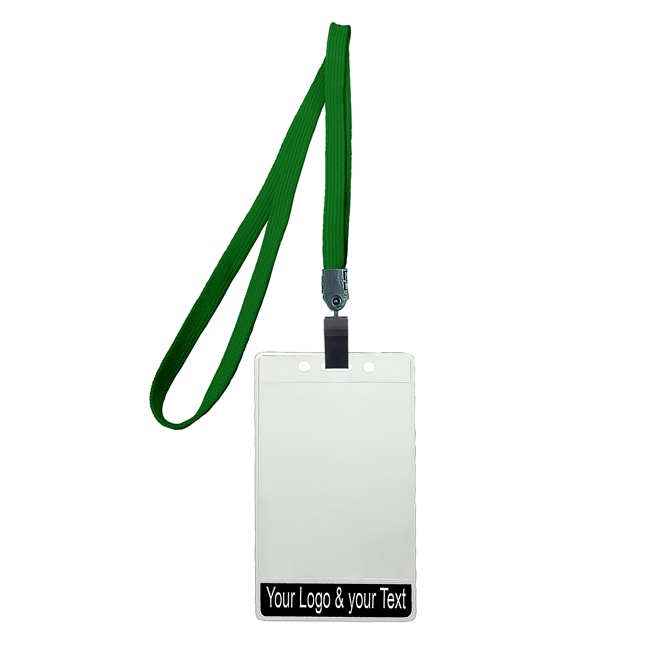 3/8 inch Title bar vertical ID holder  hunter green lanyardwith rotating plastic clip attached clear vertical  2 1/4 x 3 1/2 custom title bar badge holder-blank-LNB3V4NHGN