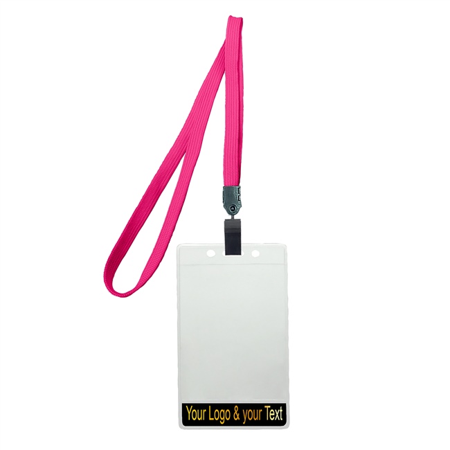 3/8 inch Title bar vertical ID holder  hot pink lanyardwith rotating plastic clip attached clear vertical  2 1/4 x 3 1/2 custom title bar badge holder-blank-LNB3V4NHPK
