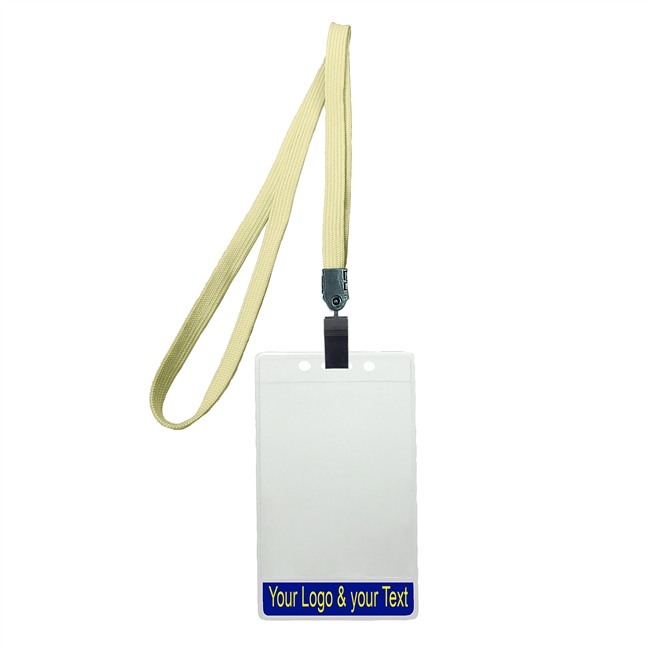 3/8 inch Title bar vertical ID holder  light gold lanyardwith rotating plastic clip attached clear vertical  2 1/4 x 3 1/2 custom title bar badge holder-blank-LNB3V4NLGD