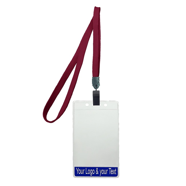 3/8 inch Title bar vertical ID holder  maroon lanyardwith rotating plastic clip attached clear vertical  2 1/4 x 3 1/2 custom title bar badge holder-blank-LNB3V4NMRN