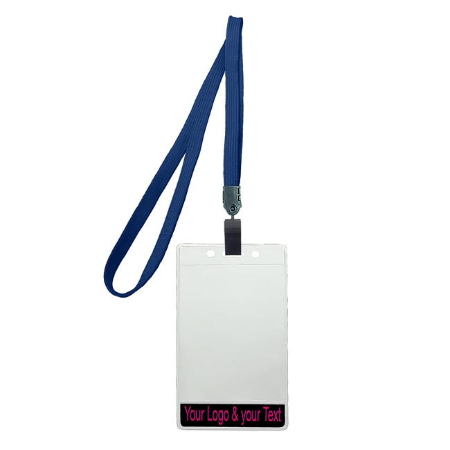 3/8 inch Title bar vertical ID holder  navyblue lanyardwith rotating plastic clip attached clear vertical  2 1/4 x 3 1/2 custom title bar badge holder-blank-LNB3V4NNBL