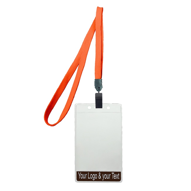 3/8 inch Title bar vertical ID holder  neon orange lanyardwith rotating plastic clip attached clear vertical  2 1/4 x 3 1/2 custom title bar badge holder-blank-LNB3V4NNOG