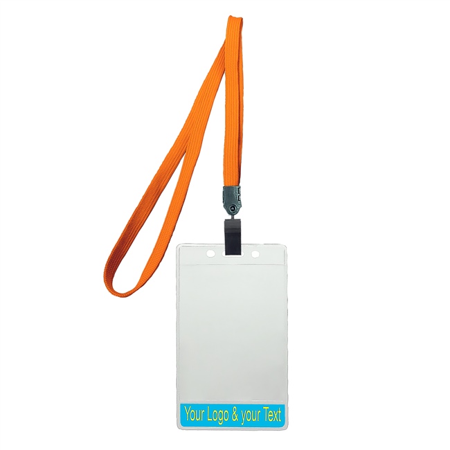 3/8 inch Title bar vertical ID holder  orange lanyardwith rotating plastic clip attached clear vertical  2 1/4 x 3 1/2 custom title bar badge holder-blank-LNB3V4NORG