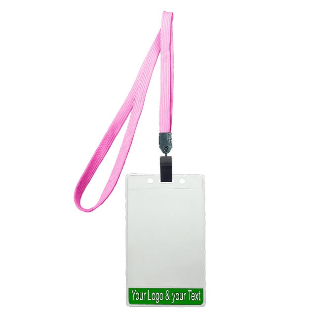 3/8 inch Title bar vertical ID holder  pink lanyardwith rotating plastic clip attached clear vertical  2 1/4 x 3 1/2 custom title bar badge holder-blank-LNB3V4NPNK
