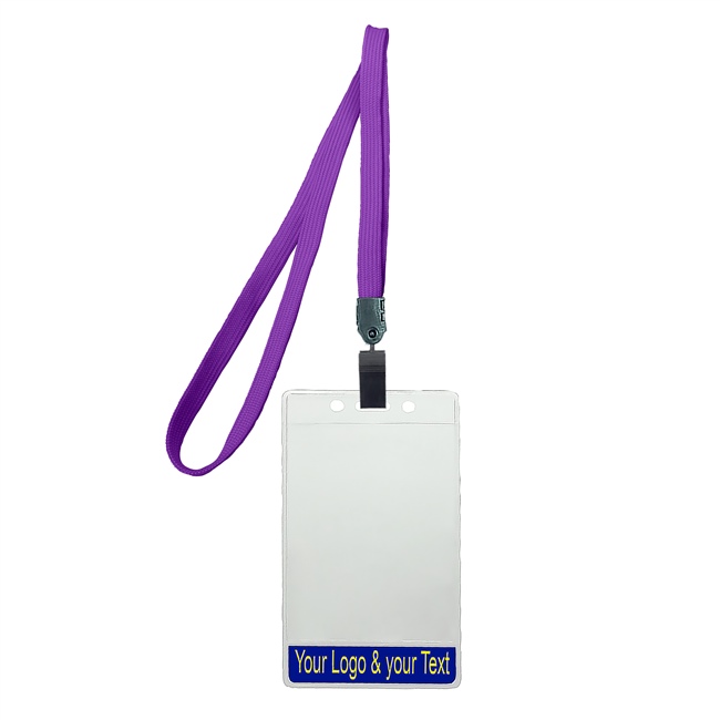 3/8 inch Title bar vertical ID holder  purple lanyardwith rotating plastic clip attached clear vertical  2 1/4 x 3 1/2 custom title bar badge holder-blank-LNB3V4NPRP