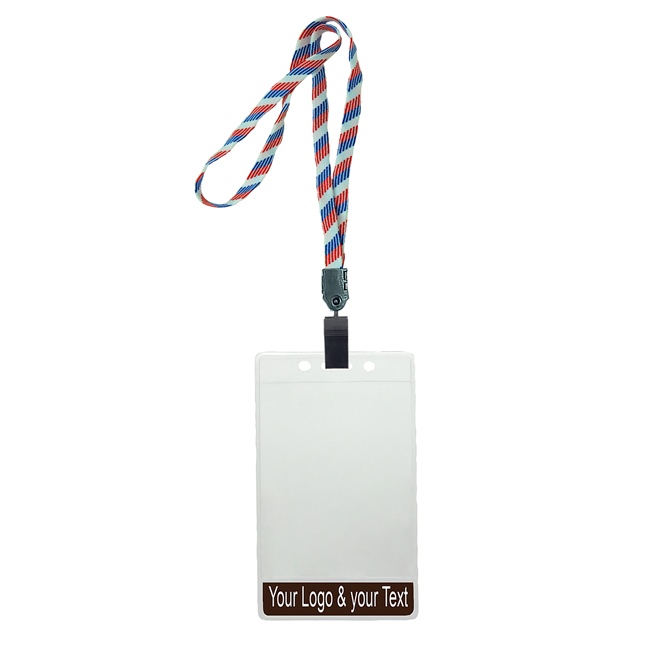 3/8 inch Title bar vertical ID holder  patriotic pattern lanyardwith rotating plastic clip attached clear vertical  2 1/4 x 3 1/2 custom title bar badge holder-blank-LNB3V4NRBW