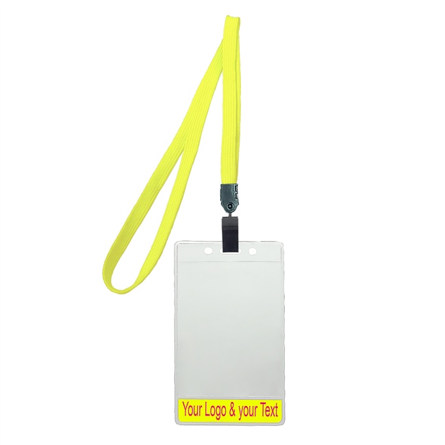 3/8 inch Title bar vertical ID holder  yellow lanyardwith rotating plastic clip attached clear vertical  2 1/4 x 3 1/2 custom title bar badge holder-blank-LNB3V4NYLW