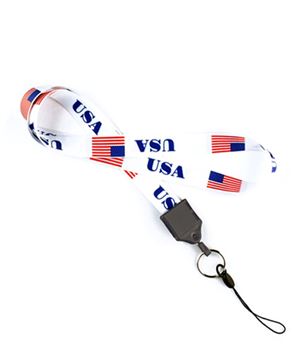 Pre-printed full color USA Flag patriotic lanyard with keychain and cell phone keeper.