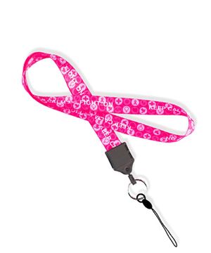 Pre-printed full color Breast Cancer Symbols/ Keep Calm & Fight On breast cancer lanyard with key ring and cell phone loop.