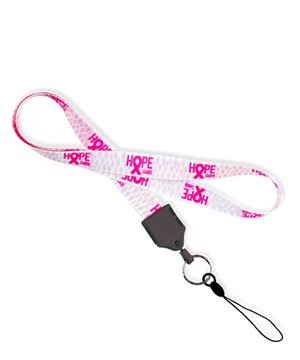 Pre-printed full color Breast Cancer Pink Ribbon breast cancer lanyard with split key ring and cell phone keeper.