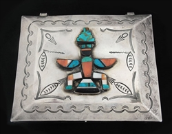 LARGE ZUNI/NAVAJO INLAID KNIFEWING SILVER BOX