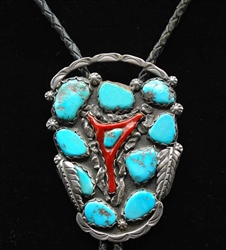 RARE LEE EDAAKIE TURQUOISE & CORAL BOLO TIE