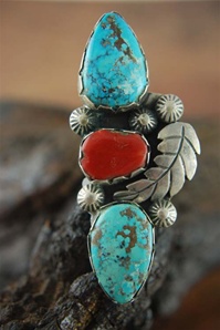 Vintage Morenci Turquoise And Coral Ring